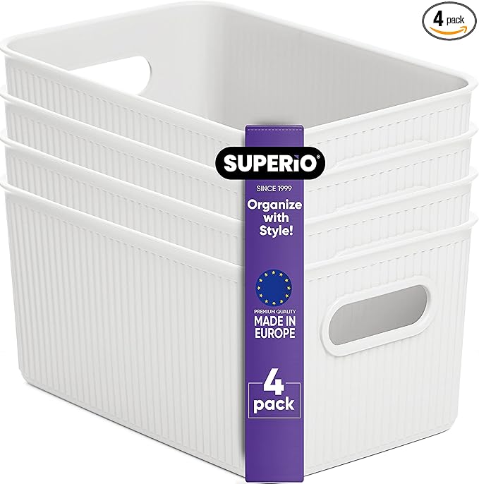 Superio Ribbed Collection - Decorative Plastic Basket Open Home Storage Bins Organizer, Medium White (4 Pack) Container Boxes for Organizing Closet Storage Bins for Shelves Drawer Shelf 5 Liter