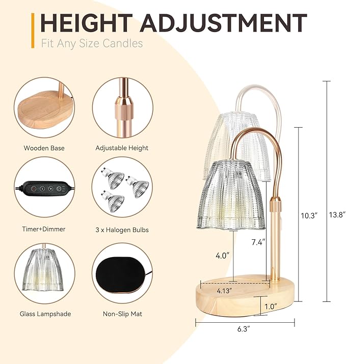 TOACSUCP Candle Warmer Lamp with 3 Bulbs, Adjustable Height Dimmable Candle Warmer with Timer, Compatible with Large Jar Candles, Candle Lamp with Charming Gift Box for Her/Him