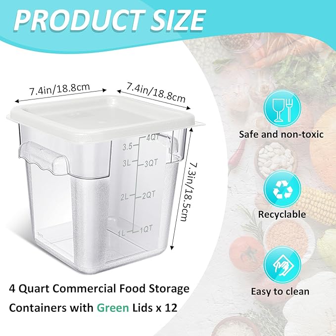 Yungyan 12 Pcs 4 Qt Commercial Food Storage Containers with Lids Restaurant Square Airtight Food Storage Containers Clear Cereal Container for Kitchen Freezer Dishwasher Pantry (White Lid)