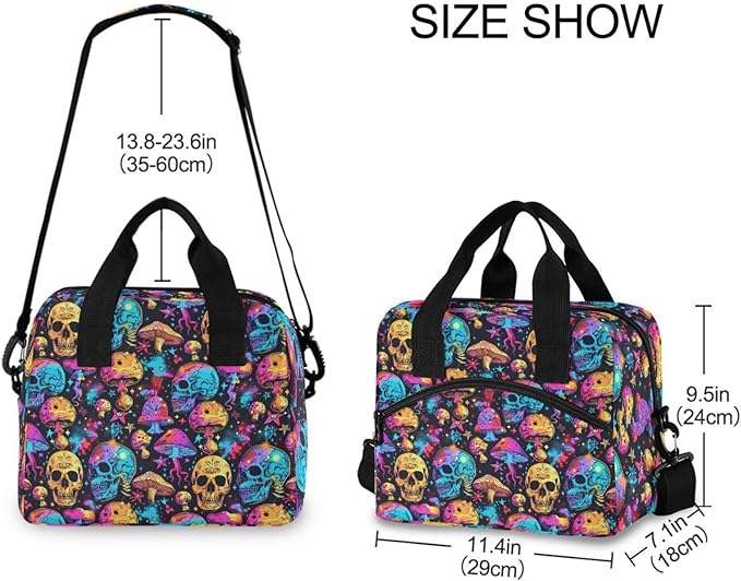 CBBYY Lunch Bags for Women Men, Reusable Insulated Lunch Box, Adjustable Shoulder Straps Tote Lunch Bag for Work Picnic School (Psychedelic skull)