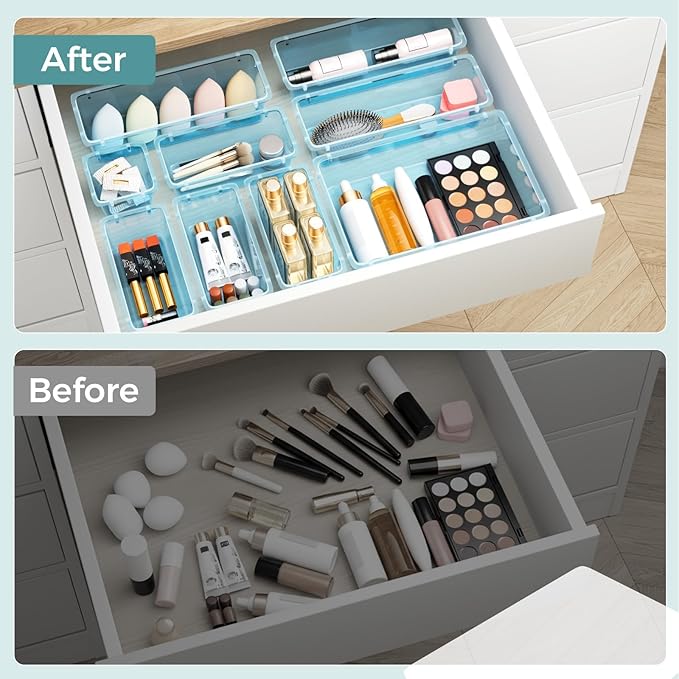 WOWBOX 44 PCS Clear Plastic Drawer Organizer Set, 6 Varied Size storage Bins and Desk Drawer Organizer Trays for Makeup, Gadgets, Jewelry and Utensils in Bathroom, Bedroom and Office, Clear Sea Blue
