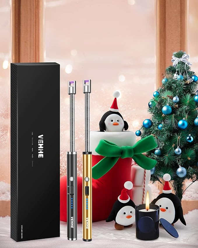 VEHHE Candle Lighter, 2 Pack Rechargeable Electric Lighter with LED Battery Display Safety Switch, Flexible Neck USB Lighters for Candles Camping Grill Gas Stoves Cooking (Black and Gold)