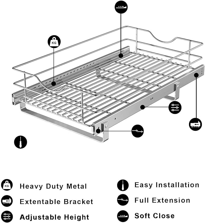 Pull Out Cabinet Organizer, (17½"W x 20" D), Soft Close Pull Out Cabient Drawer, Slide Out Drawer for Kitchen Base Cabinet, Pot and Pan Organization, Pantry Organizers