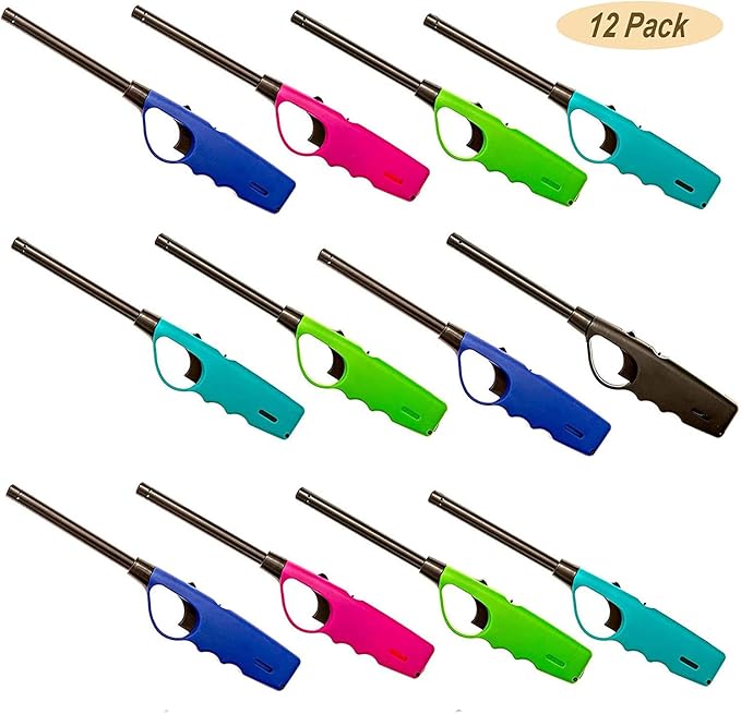 Long Lighters Bulk Pack, Multi Use Butane Refillable Fire Lighters, Ideal for Fireplace Candle BBQ Grill Gas Stove Campfire, Neon Colors, 12 Pack
