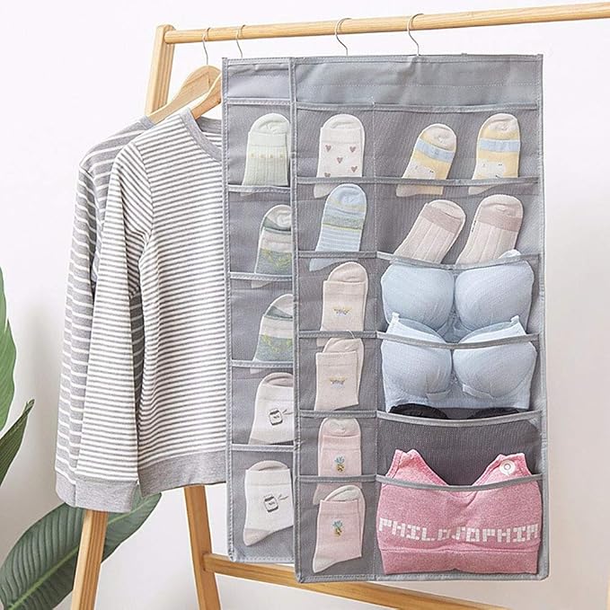 Closet Hanging Organizer with Mesh Pockets & Rotating Metal Hanger,Dual Sided Wall Shelf Wardrobe Storage Bags,Oxford Cloth Space Saver Bag for Bra Underwear Underpants Socks (gray)
