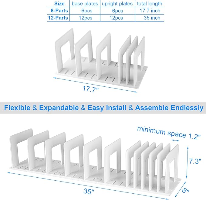 Adjustable Vertical File Sorter Sturdy Plastic Expandable Upright File Holder, Desktop Binder Organizer, Home School Office File Organizer Bookshelf Divider, Assemble Easily Endlessly, White