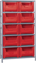 Quantum Storage Systems QSBU-700RD Solid Heavy Duty 6 Shelves 10 Giant Stack Red Bins 75" H x 36" W x 18" D