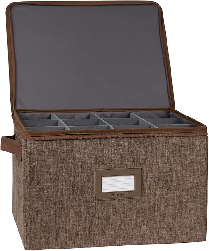 Covermates Keepsakes China Cups and Coffee Mugs Storage Box Stackable, Reinforced Handles, China Storage, Brown Heather