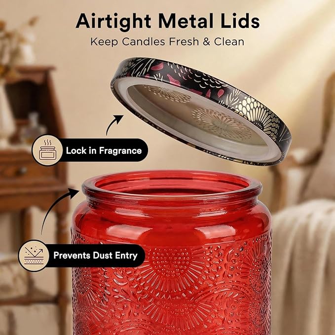 LumaCraft Luxury Embossed Glass Candle Jars for Making Candles - 12 Pack Empty Candle Containers with Airtight Metal Lids, 20 Wicks & 20 Stickers, Colored Glass Jars for Gifts & Decor-8OZ