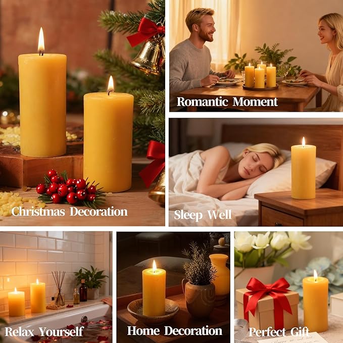 Beeswax Pillar Candles 4 Packs,100% Bees Wax Candles for Home-140 Hours Long Burning for Emergency, Natural Beeswax Candle Bulk for Relax, Pure,Smokeless & Dripless