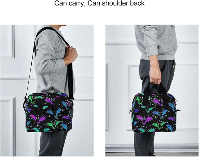 CBBYY Psychedelic Bat Lunch Bags for Women Men, Reusable Insulated Lunch Box, Adjustable Shoulder Straps Tote Lunch Bag for Work Picnic School