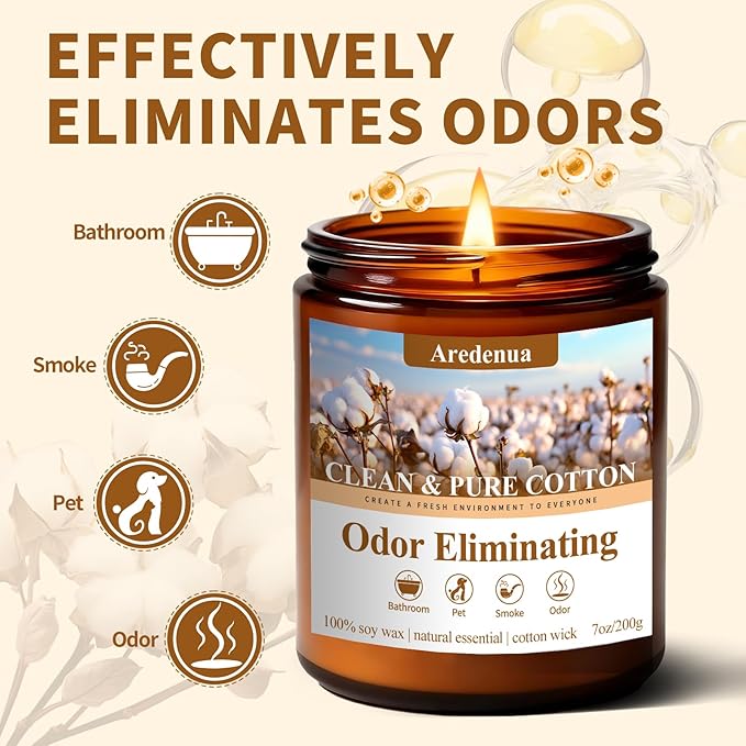 Clean & Pure Cotton Odor Eliminating Candles | Eliminates 95% of Pet, Smoke & Bathroom Odors – 7 oz Hand Poured Non-Toxic Soy Candle - Fresh Air Scented Candle Gentle for Pet - Gifts for Families