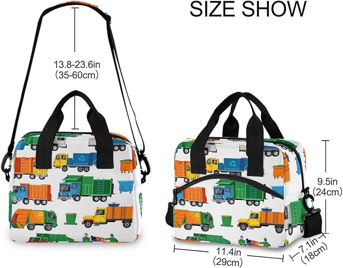 CBBYY Garbage Truck Lunch Bags for Women Men, Reusable Insulated Lunch Box, Adjustable Shoulder Straps Tote Lunch Bag for Work Picnic School