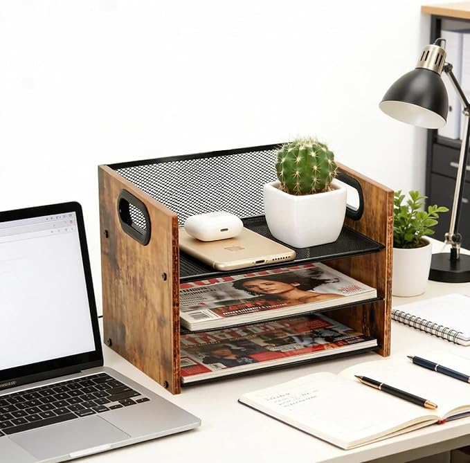 Desk Organizer - 3 Tier Wood & Metal Mesh Desktop Organizer for Office, Home, School, Workspace, Office Desk Organzier for Papers, Mail, Notebooks, Stationery