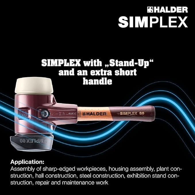 Halder Simplex Soft-Faced Mallet 3028.282 – Medium-Hard "Stand-Up" Rubber Insert, Nylon Insert, Cast Iron Housing with Handle Protection Sleeve, Extra Short Hickory Handle, 80mm, 6.2 lbs.
