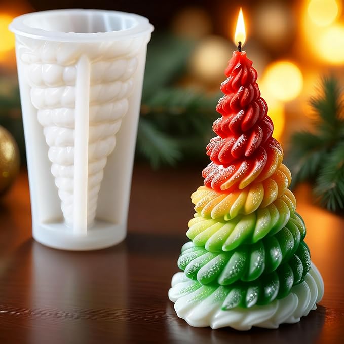 3D Christmas Tree Silicone Candle Soap Epoxy Resin Wax Mold Silicone Shapes Christmas Trees Mold for Candle Resin Soap Craft Cake Chocolate Making Kit Christmas Gift (Cream Christmas Tree)