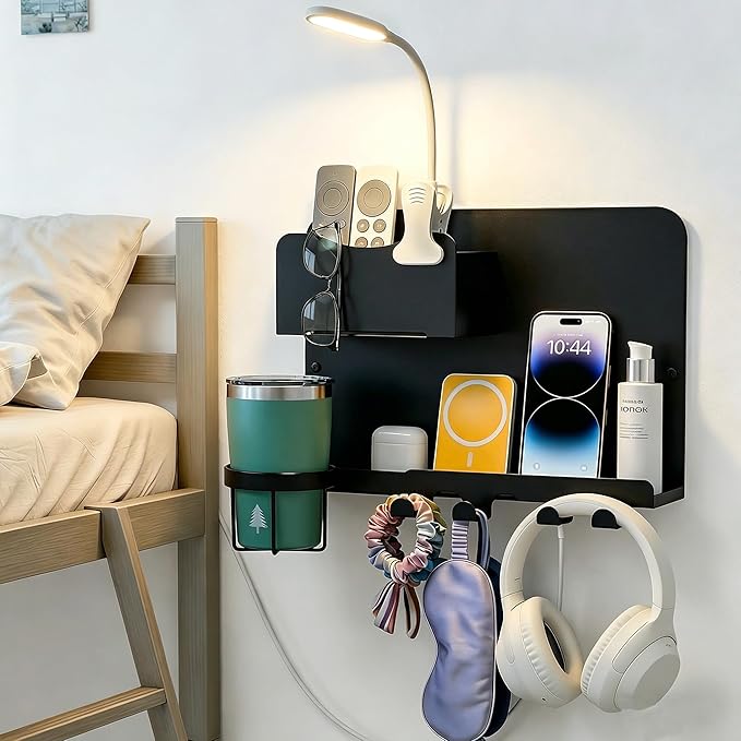 Floating Bedside Shelf & Bedside Wall Organizer, Metal with Detachable Cup Holder, No-Drill Wall Mounted Storage for Bedroom, Dorm, Teen Girls Room, Loft Bed, RV, Bunk Bed & Small Space Organization