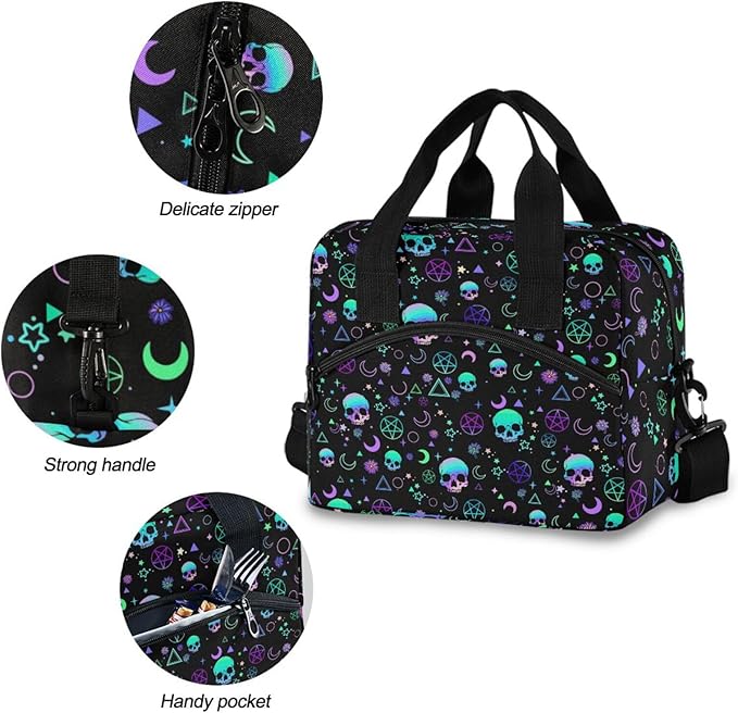CBBYY Magic Skull Lunch Bags for Women Men, Reusable Insulated Lunch Box, Adjustable Shoulder Straps Tote Lunch Bag for Work Picnic School