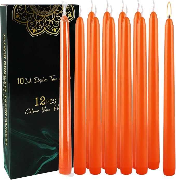 12-Pack 10-Inch Orange Taper Candles - Cotton Core, Clean Burning unscented, Drip-Free & Smokeless, Elegant Conical Design for Halloween, Weddings & Family Celebrations