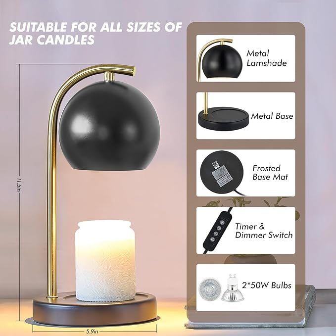 Candle Warmer Lamp Gifts for Women - Dimmable Scented Wax Melt Warmer with Timer - Housewarming Gifts for Home Bedroom Decor, Xmas Birthday Gifts for Mom, 2 Bulbs, Black