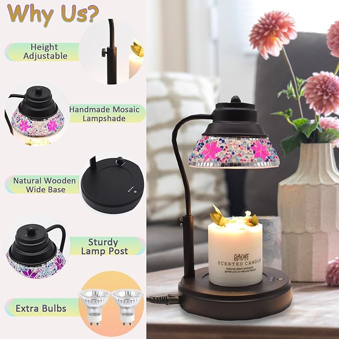 Electric Candle Warmer Lamp with Colorful Diamond Lampshade, Metal Wax Melting Lattern with Timer and Dimmer, Adjustable Height Candle Melting Lamp Home Decor (Black Purple)