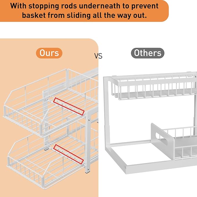 2 Tier Sliding Basket Drawer Organizer, Pull Out Under Sink Cabinets Organizers, Metal Home Shelf for Bathroom or Kitchen, Sliding Countertop or Pantry Storage Shelf, White