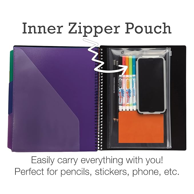 Samsill Spiral Folder Organizer - 12 Dividers & 24 Pockets with Zipper Pouch, Multi Pocket Color Cordinated Folder Binder with Customizable Tabs, Document Organizer (Basic)