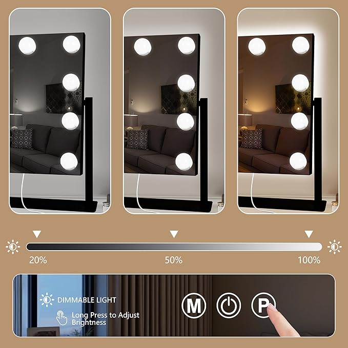 Ratsamee Black Hollywood Vanity Mirror with Lights, 9 Dimmable Bulbs, 3 Color Lights,Make Up Lighted Mirror, 10x Magnification 360°Rotation(12" x 14")
