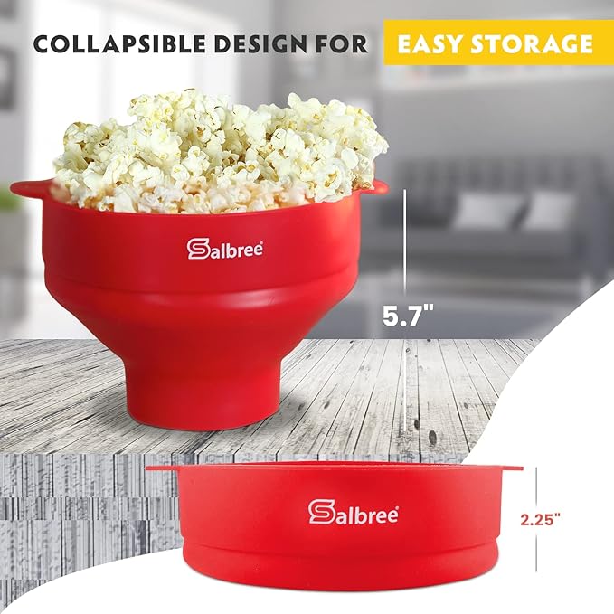 The Original Salbree Collapsible Silicone Microwave Popcorn Popper Maker Machine, Microwavable Bowl Holds 16 Cups, Uses Hot Air and Oil Always Optional - The Most Colors Available (Ruby Red)