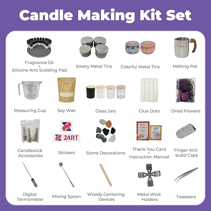 ZART Candle Making Kit for Adults, DIY Starter Soy Candle Making Supplies, Accessories with Soy Wax, Essential Oil, Wicks, Wax Melting Pot, Moulds, Candle Jars