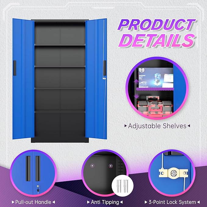 Superday Metal Storage Cabinets, 71" Storage Cabinet with Locking Door, Tall Garage Cabinet with 2 Doors and 4 Adjustable Shelves for Home Office, Classroom, Easy Assemble(Black Blue)