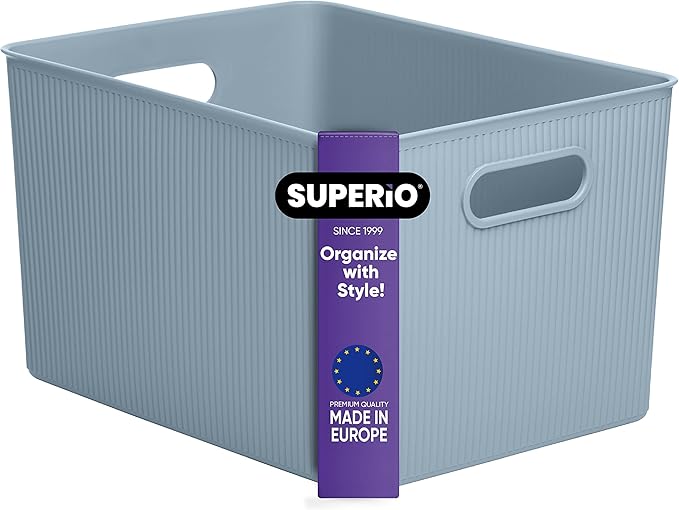 Superio Ribbed Collection - Decorative Plastic Basket Open Home Storage Bins Organizer, X-Large Blue (1 Pack) Container Boxes for Organizing Closet Storage Bins for Shelves 22 Liter/23 Quart