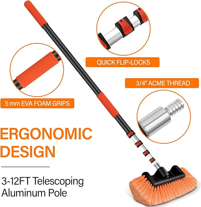 18 FT Reach Car Wash Brush with Long Handle, Car Cleaning Kit with 3-12FT Extension Pole, Soft Bristle Brush, Chenille Microfiber Cleaning Mop&Mitt, Window Squeegee, Wheel Brush for RV, Truck