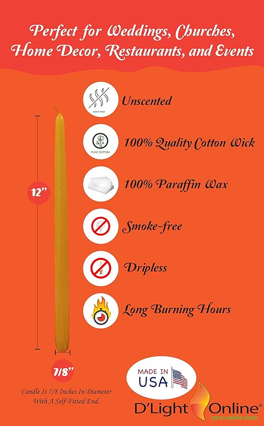 D'light Online Autumn Yellow Elegant 12" Taper Candles Premium Quality Candles, Unscented, Hand-Dipped Tapered Candles, Dripless and Smokeless - Set of 12 Individually Wrapped (12 Inch, Autumn Yellow)