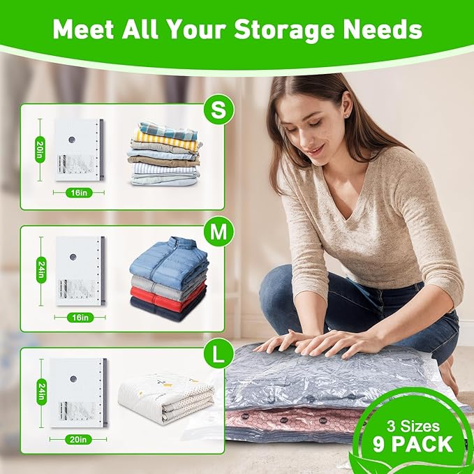 Vacuum Seal Bags for Clothing with Wireless Electric Pump - Travel & Home Use, 9 Pack Ideal Space Saver Vacuum Storage Bags, Travel Vacuum Bags for Luggage