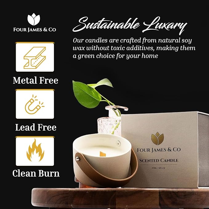 FOUR JAMES & CO Luxury Highly Scented Premium Eco-Friendly Soy Wax 6oz Candles in Modern Giftable Box (Honey & Crocus)