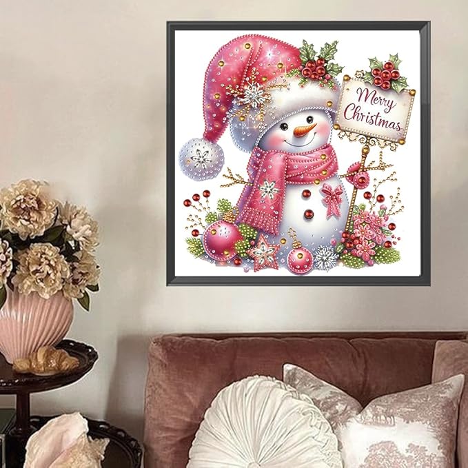 Pink Snowman 5D Special Shape Diamond Art Kits for Beginners, Christmas Winter Theme Diamonds Painting Kits for Adults,DIY Crystal Rhinestones Diamond Paintings for Home Wall Decor 12×12Inch