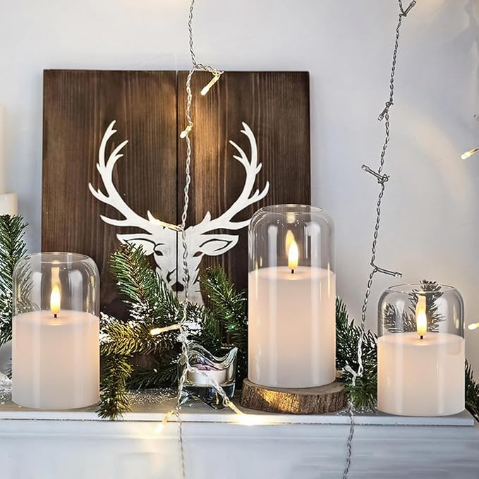 Glass Flameless Candles with Remote, Set of 3 Battery Operated Candles Flickering with Real Wax and 3D Wick, LED Pillar Candle for Home Halloween Christmas Decor(Clear, D3”xH4”5”6”)