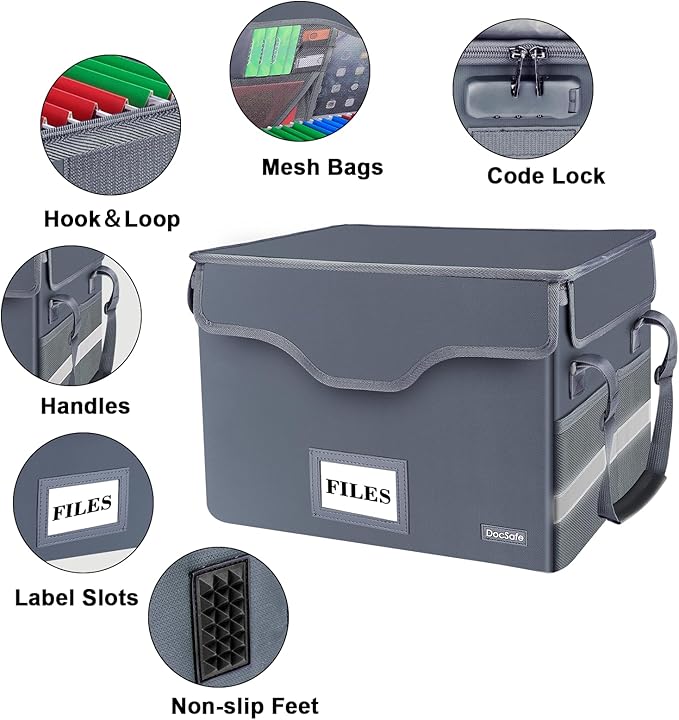 DocSafe Fireproof Document Box with Lock,File Storage Organizer with Zipper Pockets,Collapsible Portable File Box Home Office Safe Filing Cabinet with Handle for Hanging Letter/Legal Folders,Gray