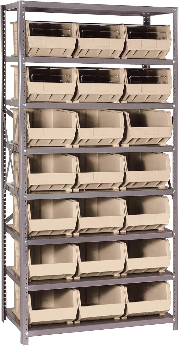 Quantum Storage Systems QSBU-255IV Giant Open Hopper Steel Shelving System, 18" D x 36" W x 75" H, with 8 Shelves and 21 QUS255 Bins, Ivory