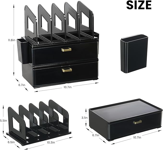 LALOBLUE Black Acrylic Desk Organizer with Drawer & File Holder, Stackable Modular Storage System, Multi-Layer Desktop Organizer, Space Saving Office Desk Organizer for Home & Work