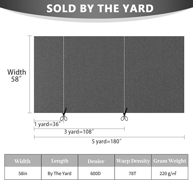 Waterproof Canvas Fabric by The Yard 58inch 600D Upholstery Material Polyester Fabric Outdoor Water Resistant Fabric for Sewing Chair Patio Cushion Purse Bag Interior, 8 Yard Grey