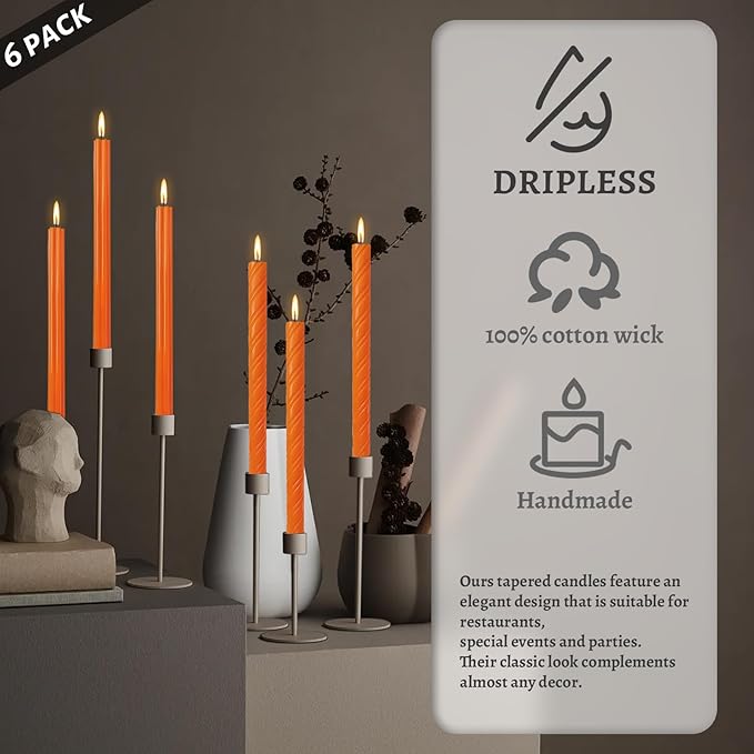 Dripless Unscented Orange Spiral Taper Candles Smokeless Long Lasting Burn 10 Inch Elegant Roman Column Candlesticks for Home Décor Holiday Gift,Set of 6