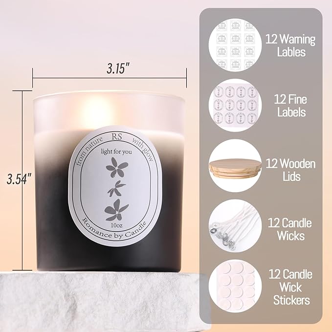 REISEN 12Pcs Gradient Black Candle Jars for Making Candles, 10oz Glass Jars with Bamboo Lids, Candle Wick Kit and Sticky Warning Labels, Candle Containers Vessels for DIY Gifts