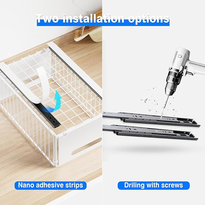 2 Pack Pull Out Cabinet Organizer, Slide Out Drawers for Cabinets, Peel and Stick, Heavy Duty Shelves for Kitchen, Cupboard, Pantry, Bathroom (14.76" D*9.65" W*7.87" H-White)