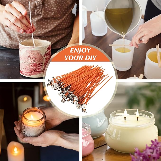 6-Inch Orange Cotton Candle Wicks 100-Pack - Pre-Waxed with Tabs for DIY Candle Making - Premium Candle Wick Supplies