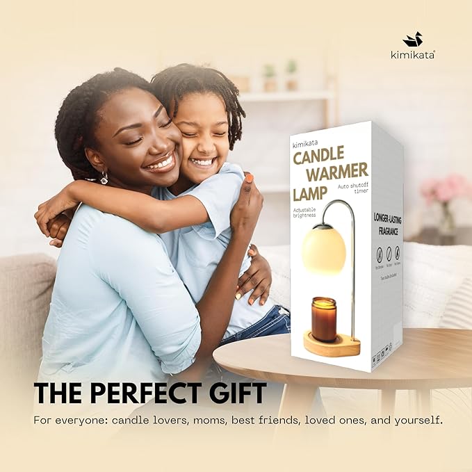 Modern Candle Warmer Lamp with Timer and Dimmer, Dimmable Electric Candle Lamp Warmer, Wax Melt Warmer, Glass with Wood Base, Home Decor Gifts 2 Bulbs Included (Beige and Natural Wood Base)