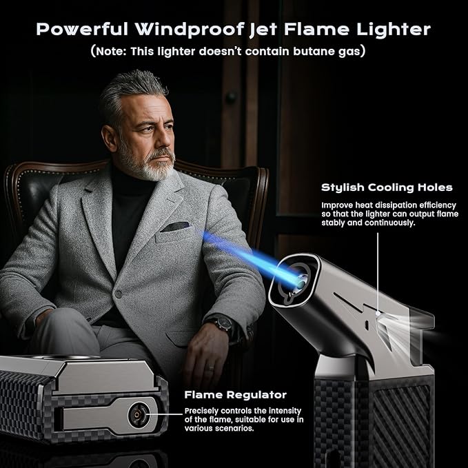 All-in-one Torch Lighter with Cutter, Built-in Punch, Refillable Windproof Jet Flame Butane Torch Lighters, Gifts for Men, Multifunctional Accessories Tool, Lighter for Candle, Travel (Without Fuel)
