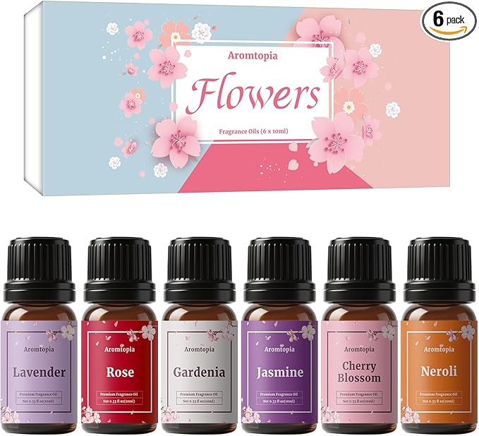 Floral Fragrance Oils, Aromtopia Flower Essential Oils for Diffusers for Home, 6x10ml, Fragrance Oil for Candle Soap Making, Lavender, Rose, Gardenia, Cherry Blossom, Jasmine, Neroli