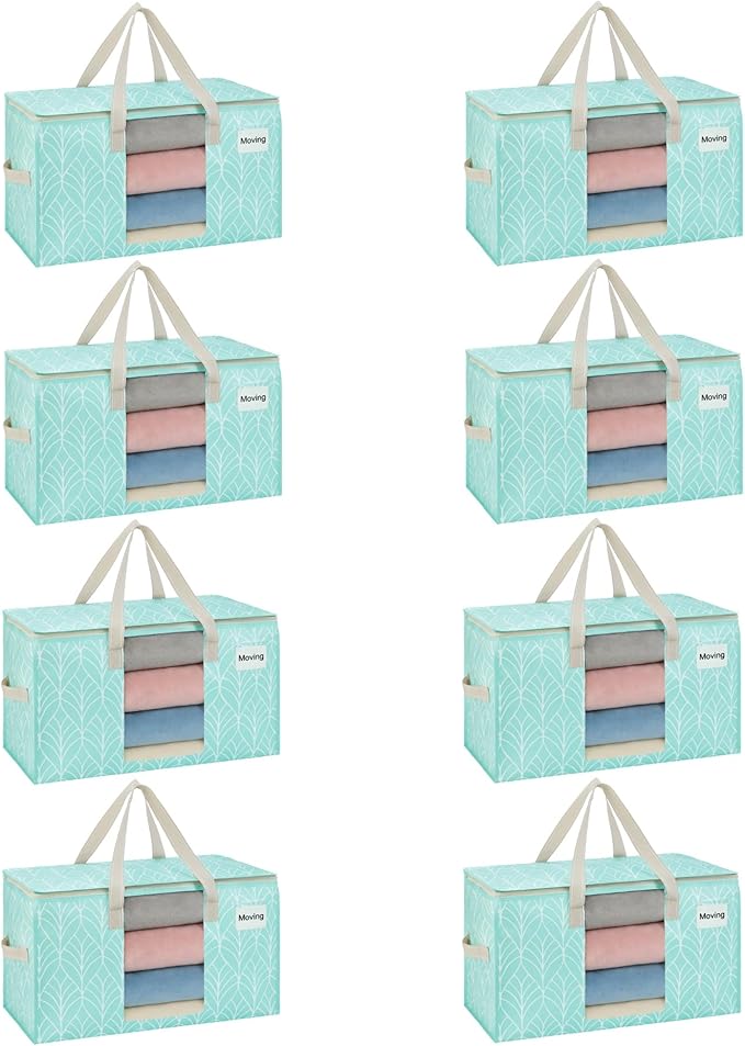 VENO 8 Pack Heavy Duty Moving Bags, Clothes and Comforter Storage Bags with Clear Window, College Dorm Essentials Packing Supplies, Foldable Boxes Alternative (Evergreen, 8 Pack)